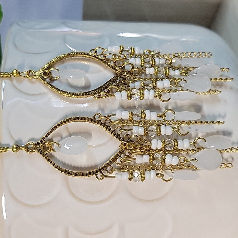 White Beaded Boho Dangle Earrings - Picture 6 of 6